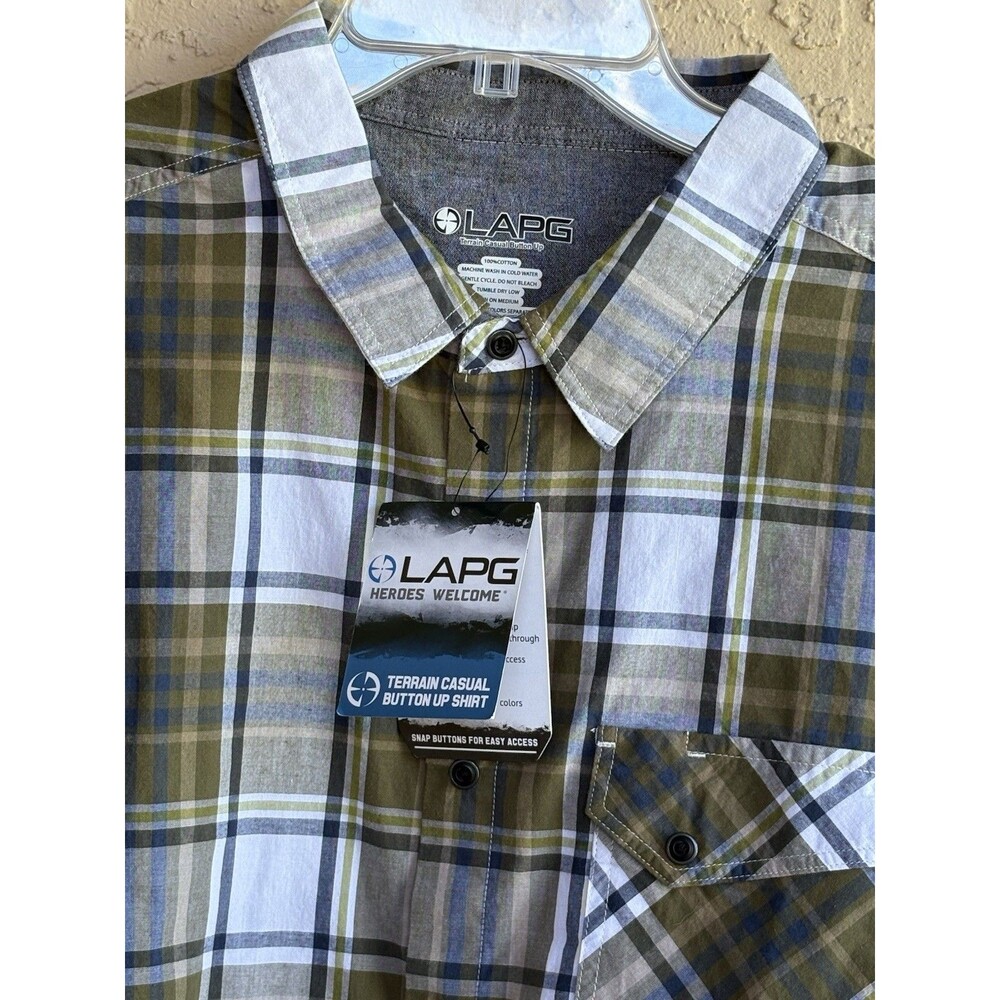LAPG Mens NWT X-Large Green Blue Plaid Snap Button-Down Up Short Sleeve Shirt